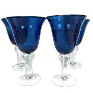 Tabletops Unlimited Corsica Hand-Blown Blue Seeded Chalice Water Goblets-Set 4